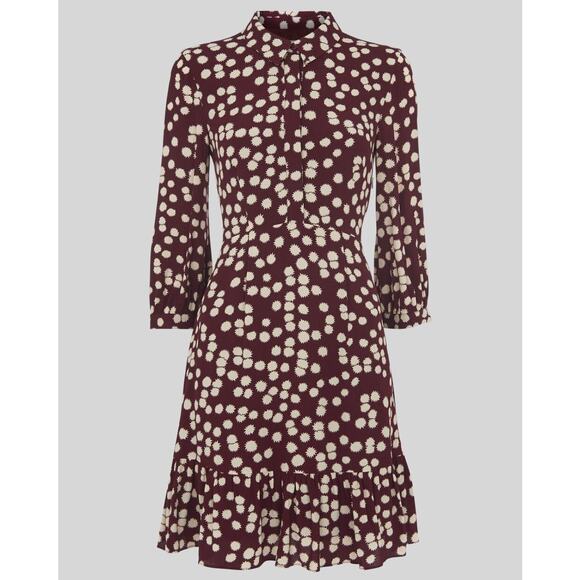 Whistles Burgundy Illustrated Flower Dress Collared Short Ruffle Hem Size 6 - Picture 4 of 12
